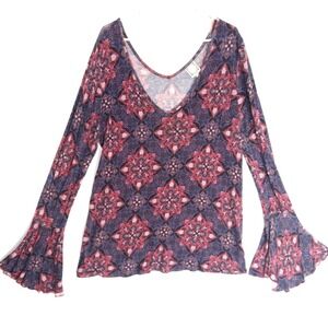 Truself Gem Tones Plunge Medallion Boho Fairygrunge Bell Sleeve Y2k Top Womens M